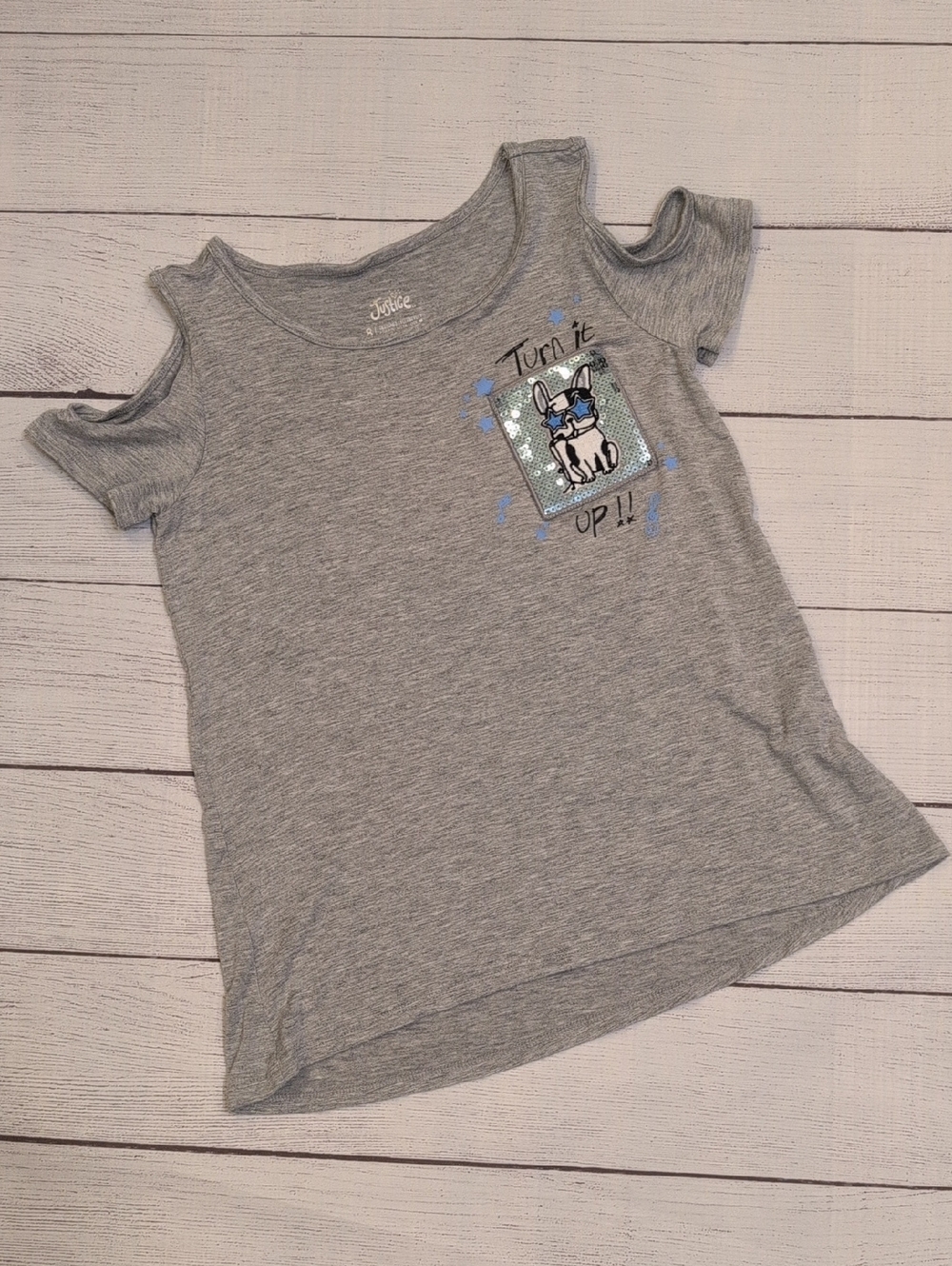 Justice Girls' Gray Cold-Shoulder Tee with Sequin Bulldog Patch